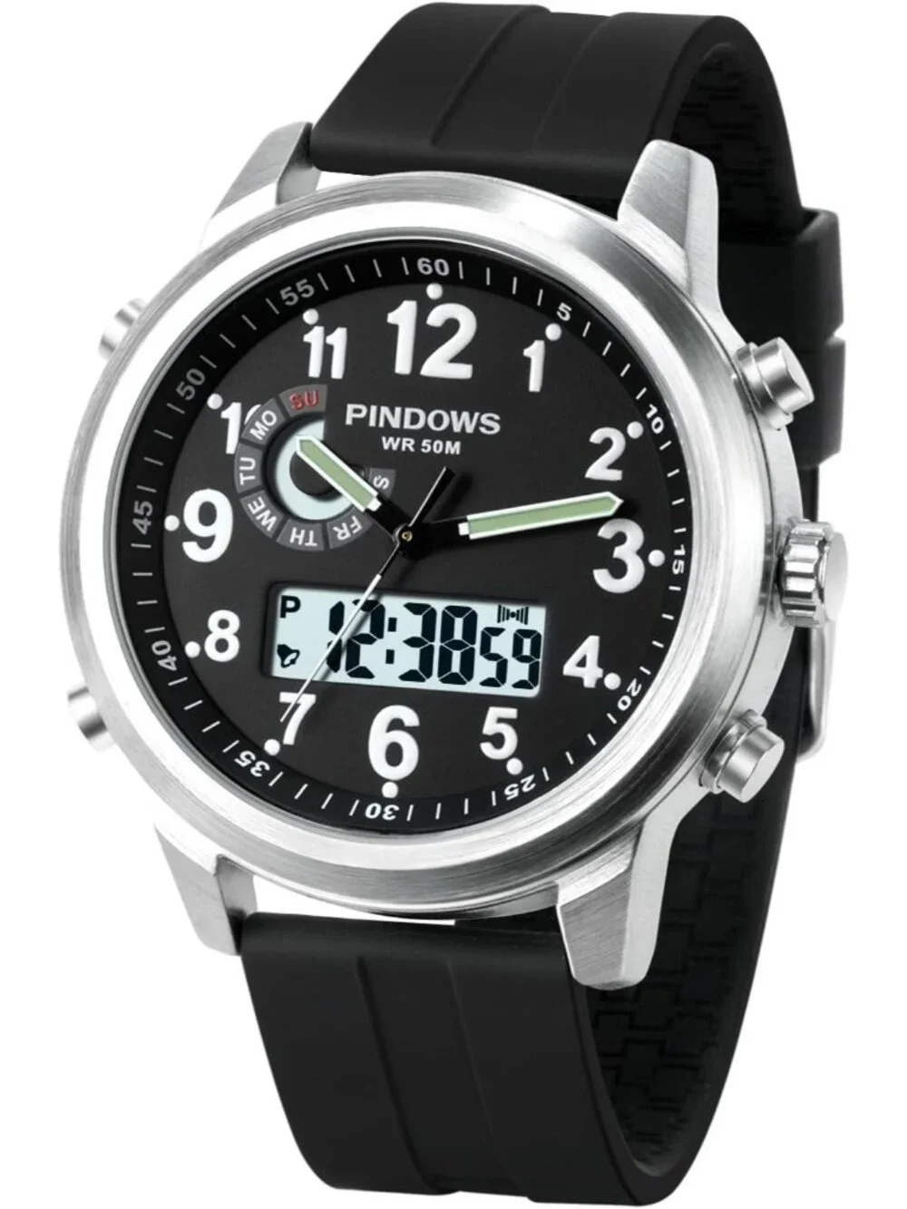 Men's Tactical Black/Silver Digital Analog Multifunction Casual Wrist Watch